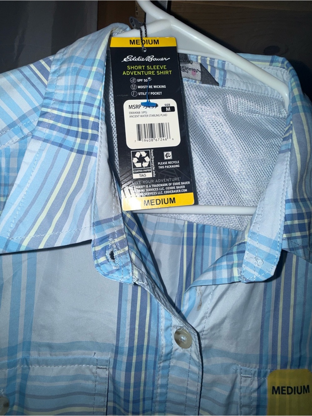 Eddie Bauer Light Blue Plaid Short Sleeve Button-Down Shirt